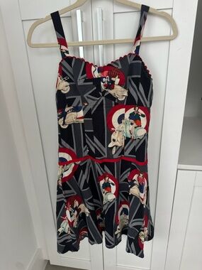 Vintage Black Dress with Red, Gray and Cream Scooter Print
